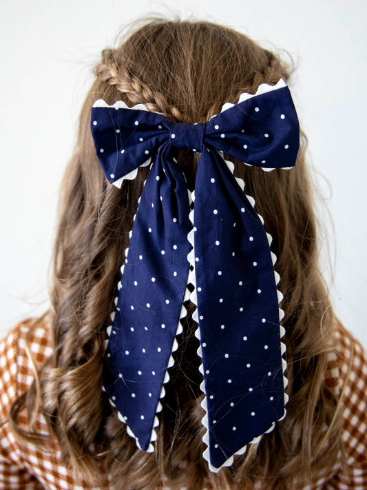 Large Long Tail Bow - Navy Dotty