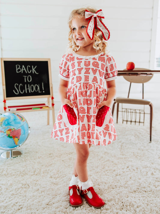 Ruffled Pocket Tunic Set - Alphabet Check Red