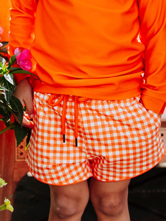 Boy's Swim Trunks - Orange Crush Gingham