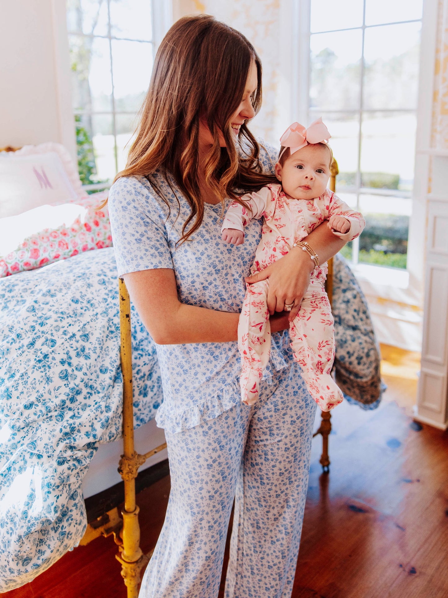 Women's Ruffled Pant Set - Soft Blue Jay Floral