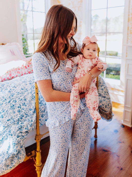 Women's Ruffled Pant Set - Soft Blue Jay Floral