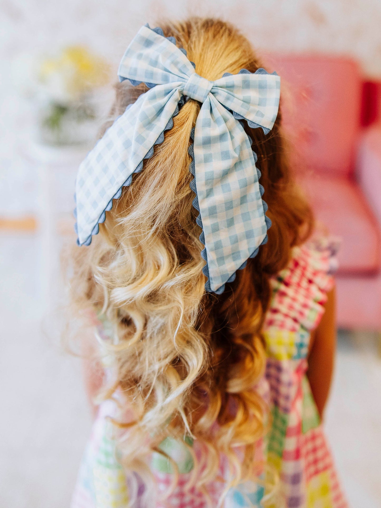 Small Long Tail Bow - Blue Gingham