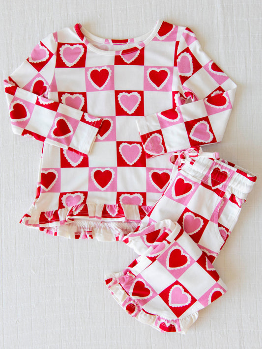 Ruffled Pant Set - Block Hearts