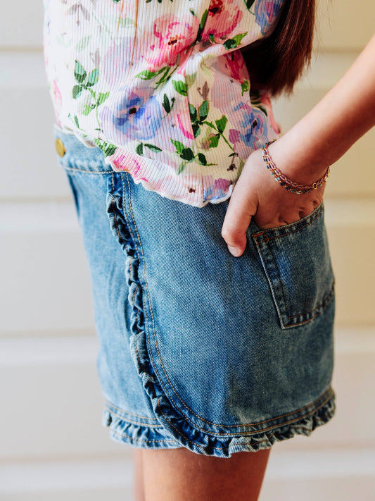 Ruffled Denim Shorts - Vintage Wash