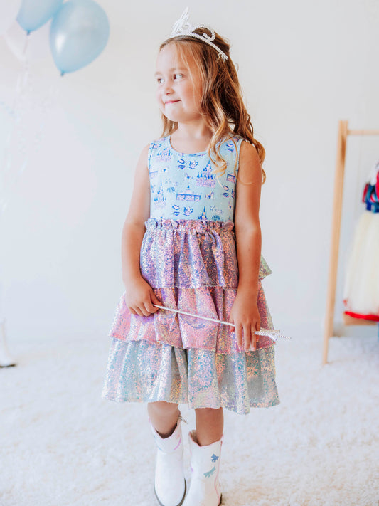 Make every day feel like a fairytale in our Most Magical Tiered Sparkle Dress! This enchanting girls’ dress features our signature “Most Magical” print bodice — filled with dreamy castles, carousels, and whimsical details — paired with a tiered iridescent sequin skirt that shimmers with every twirl. Designed for comfort and style, it’s perfect for holiday photos, birthday parties, or any moment that calls for a little extra sparkle. 