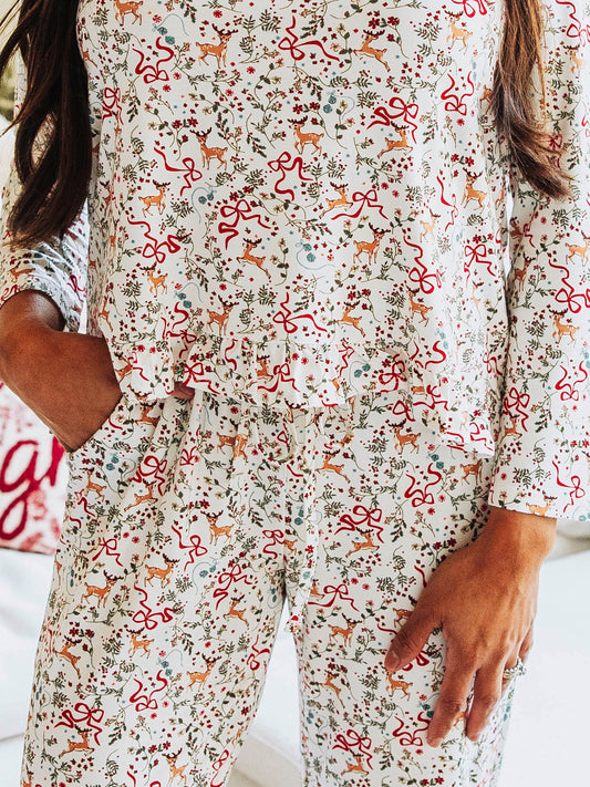 Women's Ruffled Pant Set - Holly Jolly Reindeer