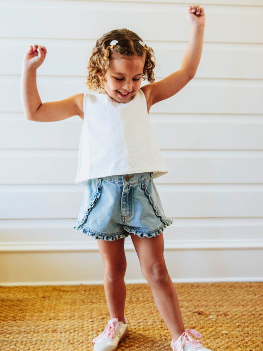 Ruffled Denim Shorts - Light Wash