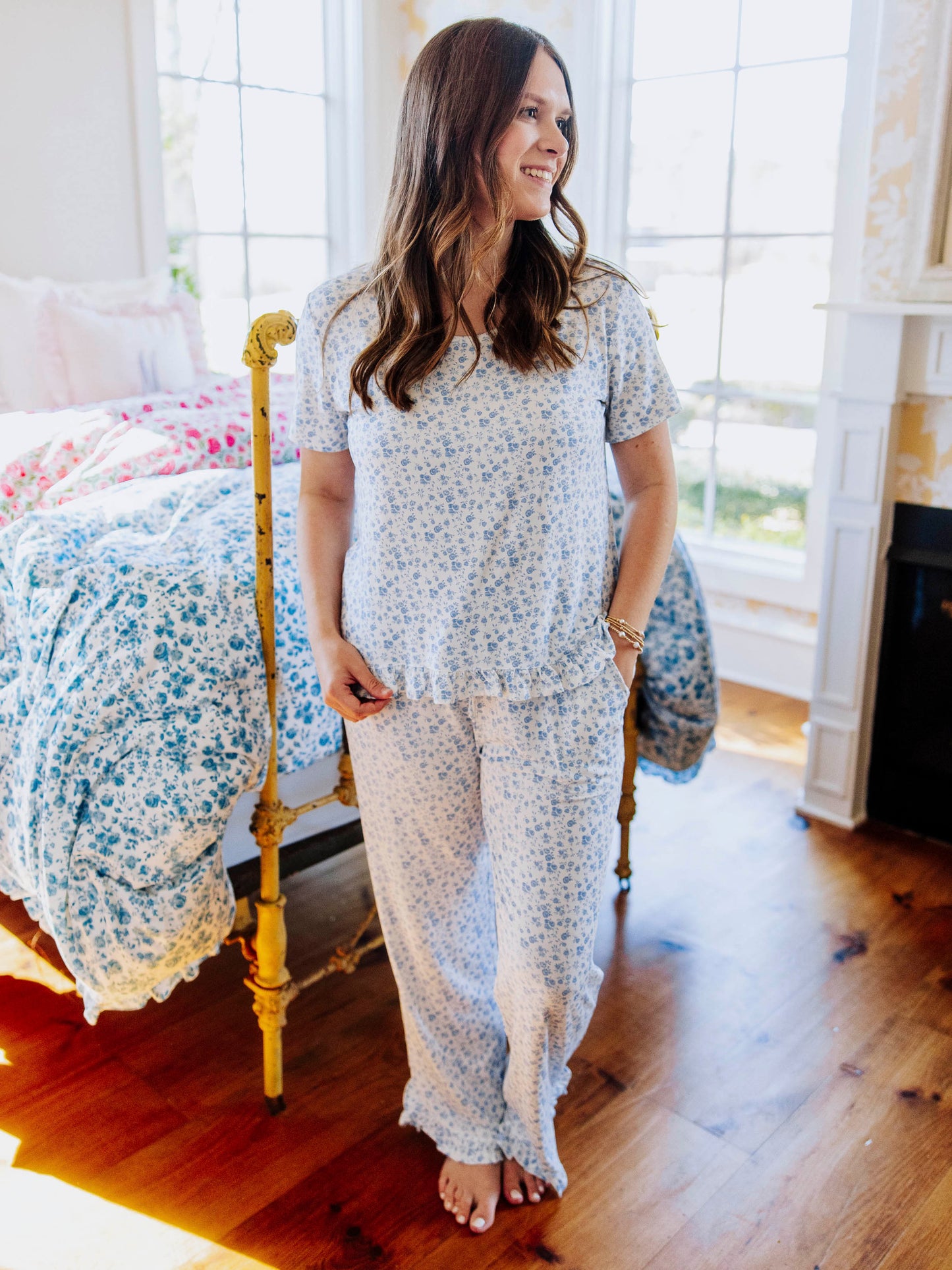 Women's Ruffled Pant Set - Soft Blue Jay Floral