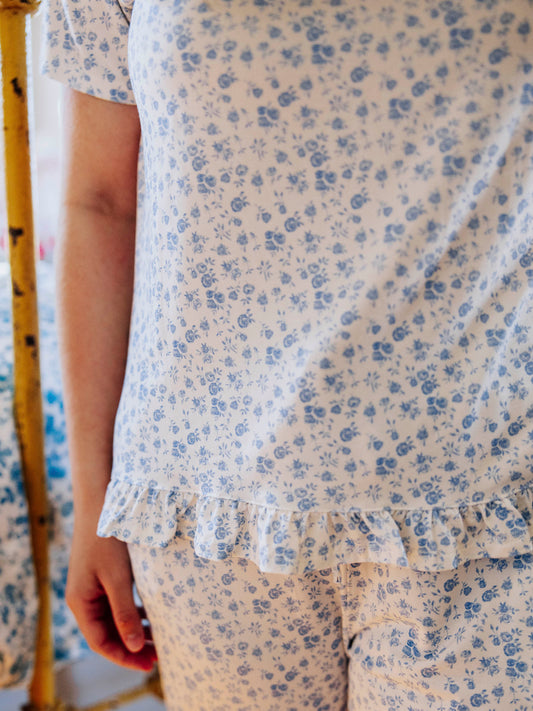 Women's Ruffled Pant Set - Soft Blue Jay Floral