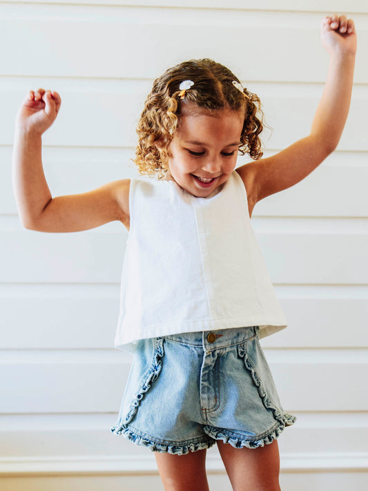 Ruffled Denim Tank - White
