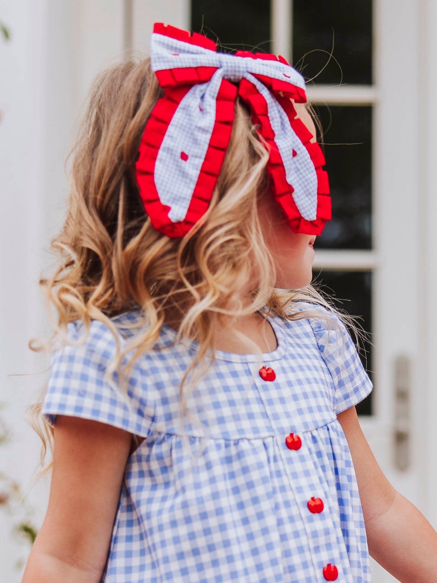 Small Long Tail Bow - Apple Gingham Blue