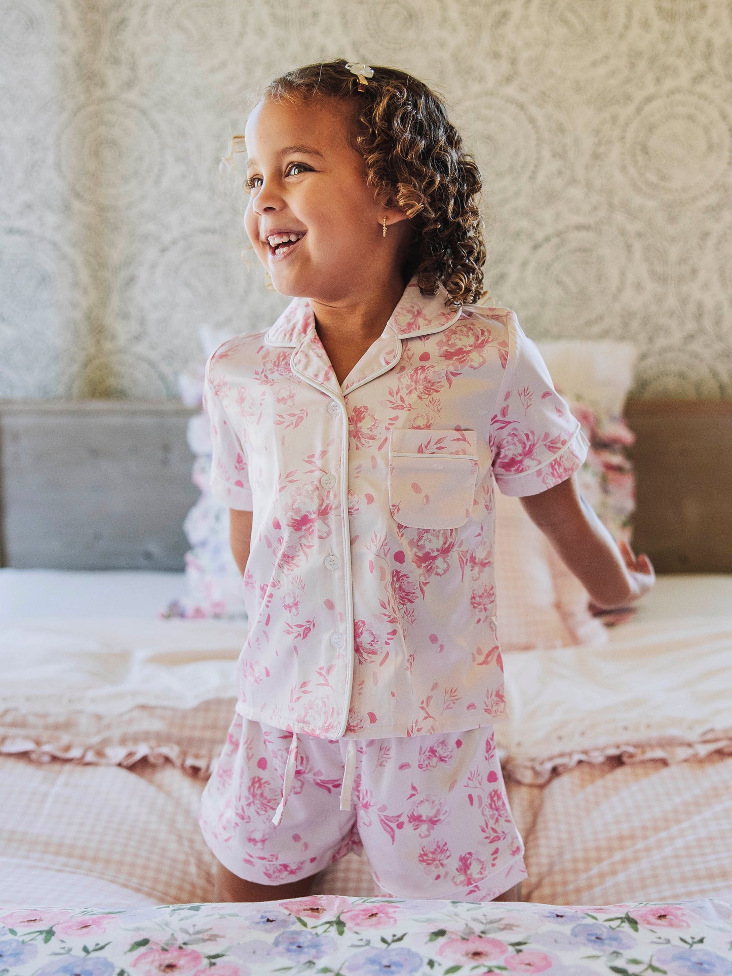 Satin PJ Short Set - Falling Pink Petals