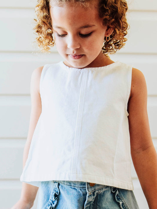 Ruffled Denim Tank - White