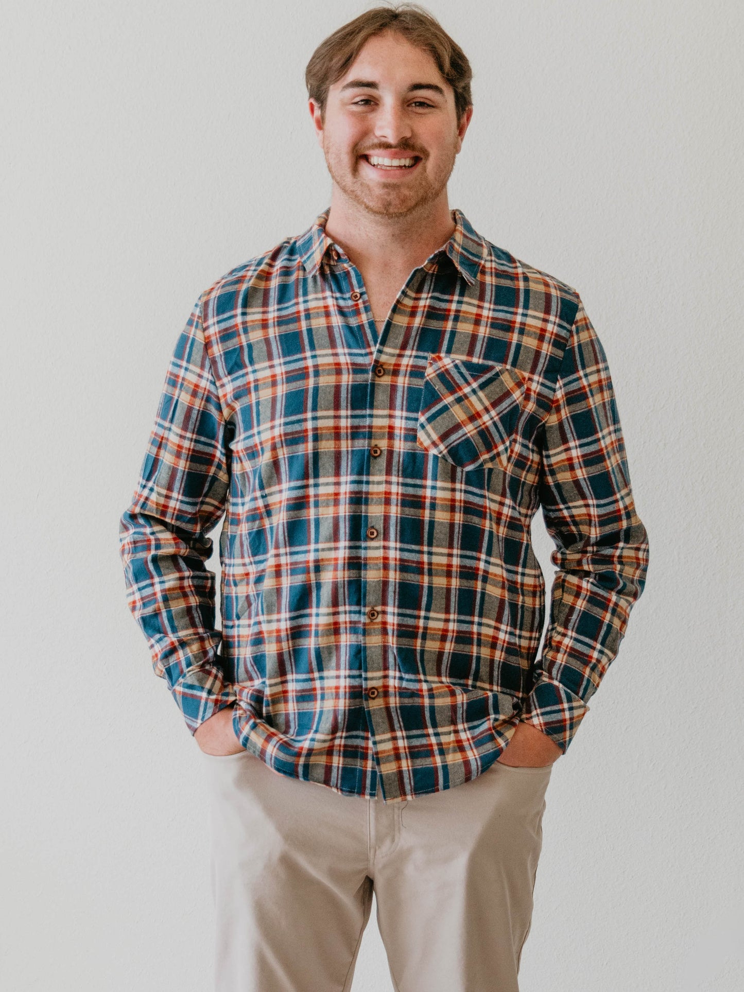 Men's Button Up Shirt - Navy Golden Plaid