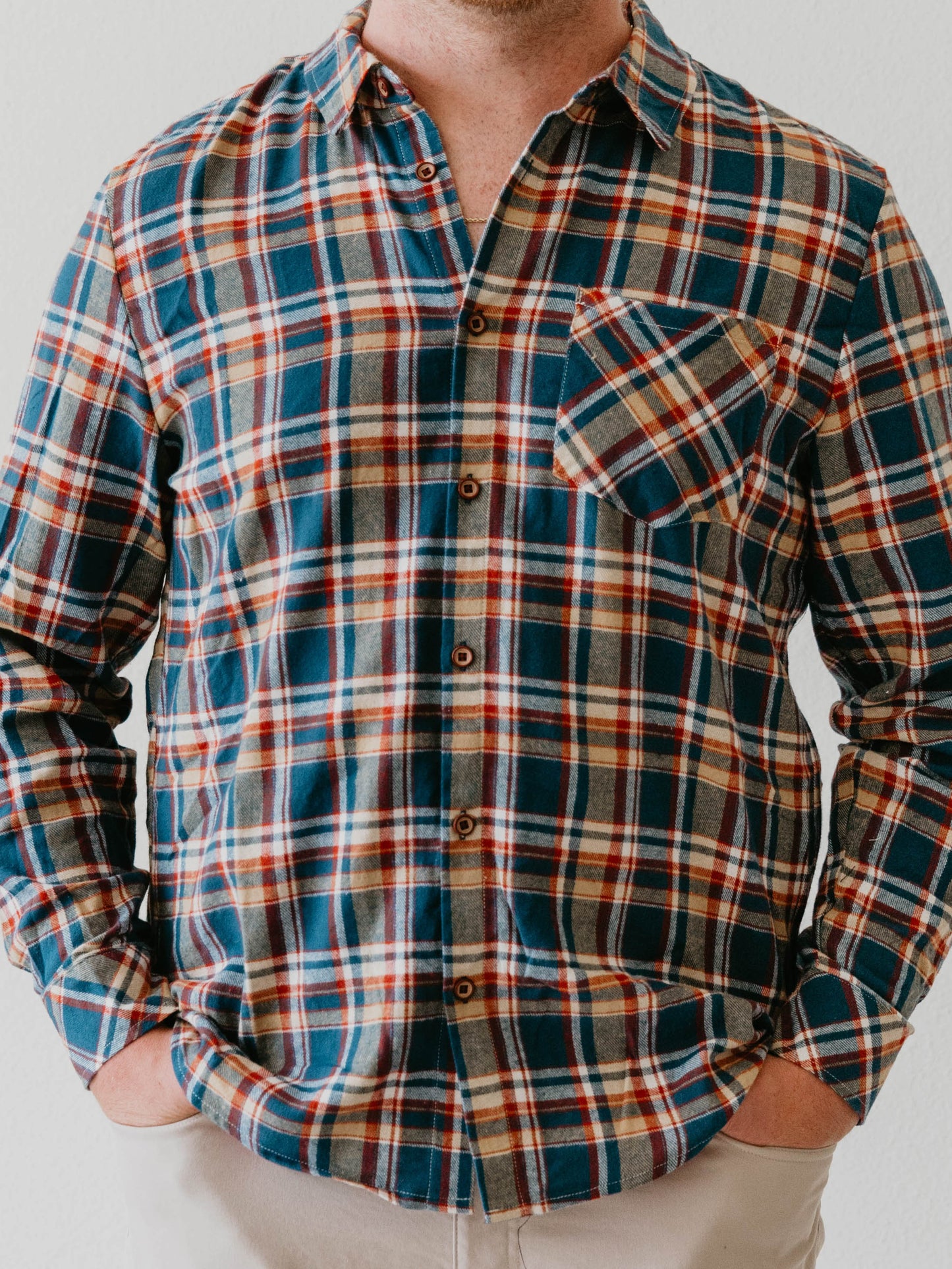 Men's Button Up Shirt - Navy Golden Plaid