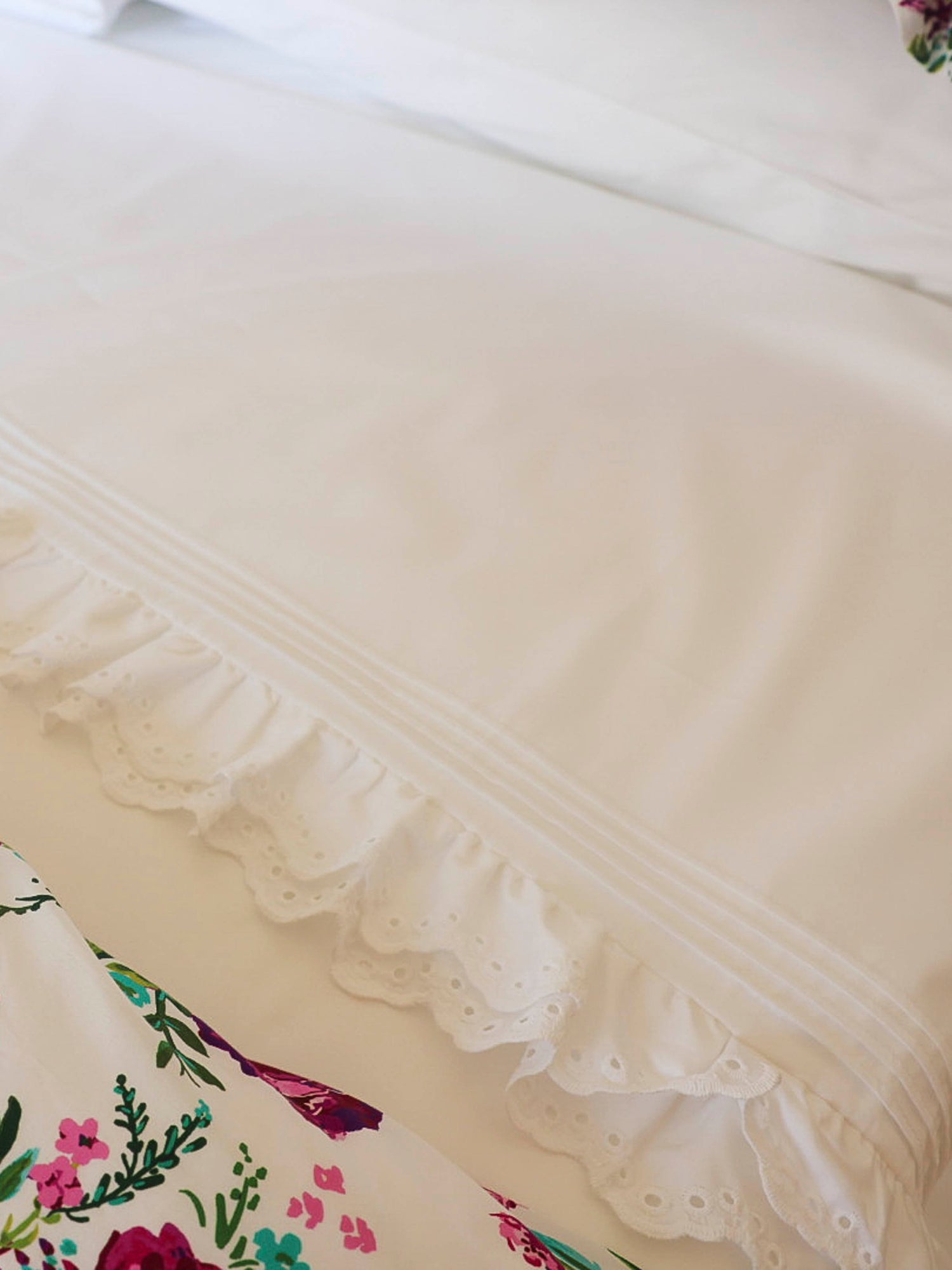 Elevate your bedding with our elegant lace-trimmed sheet set, designed to bring timeless charm and refined detail to any bedroom. Crafted from soft, breathable fabric, these sheets feature a delicate eyelet lace ruffle along the edge for a romantic, heirloom-inspired finish. The scalloped lace trim adds texture and dimension, while the subtle pintuck detailing enhances the overall craftsmanship. Perfect for creating a light, airy, and feminine look, this lace accent transforms a simple sheet into a standout