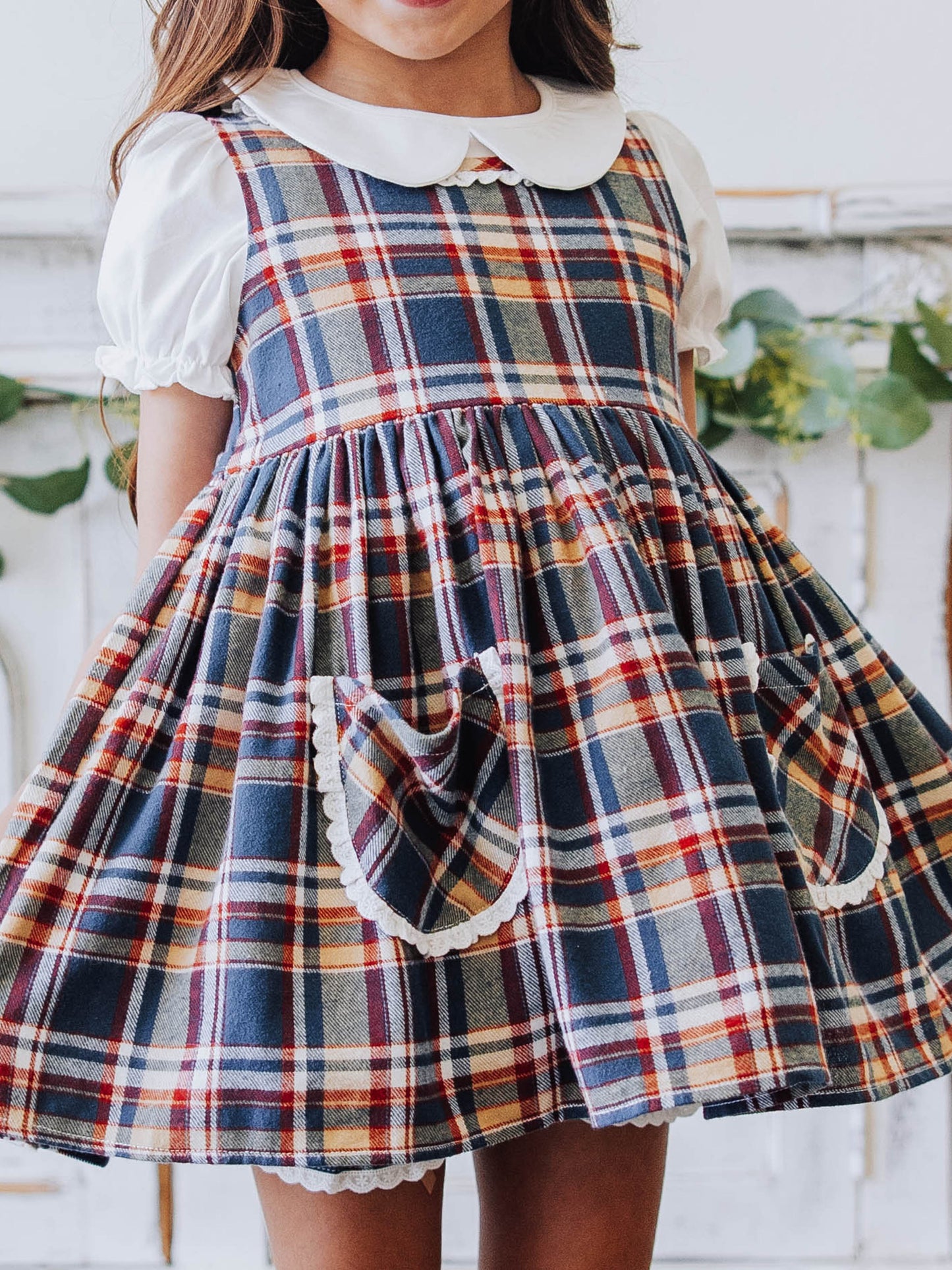 Ruffled Pocket Tunic Set - Navy Golden Plaid