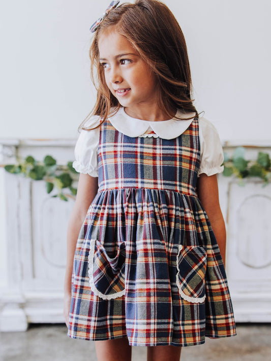 Ruffled Pocket Tunic Set - Navy Golden Plaid