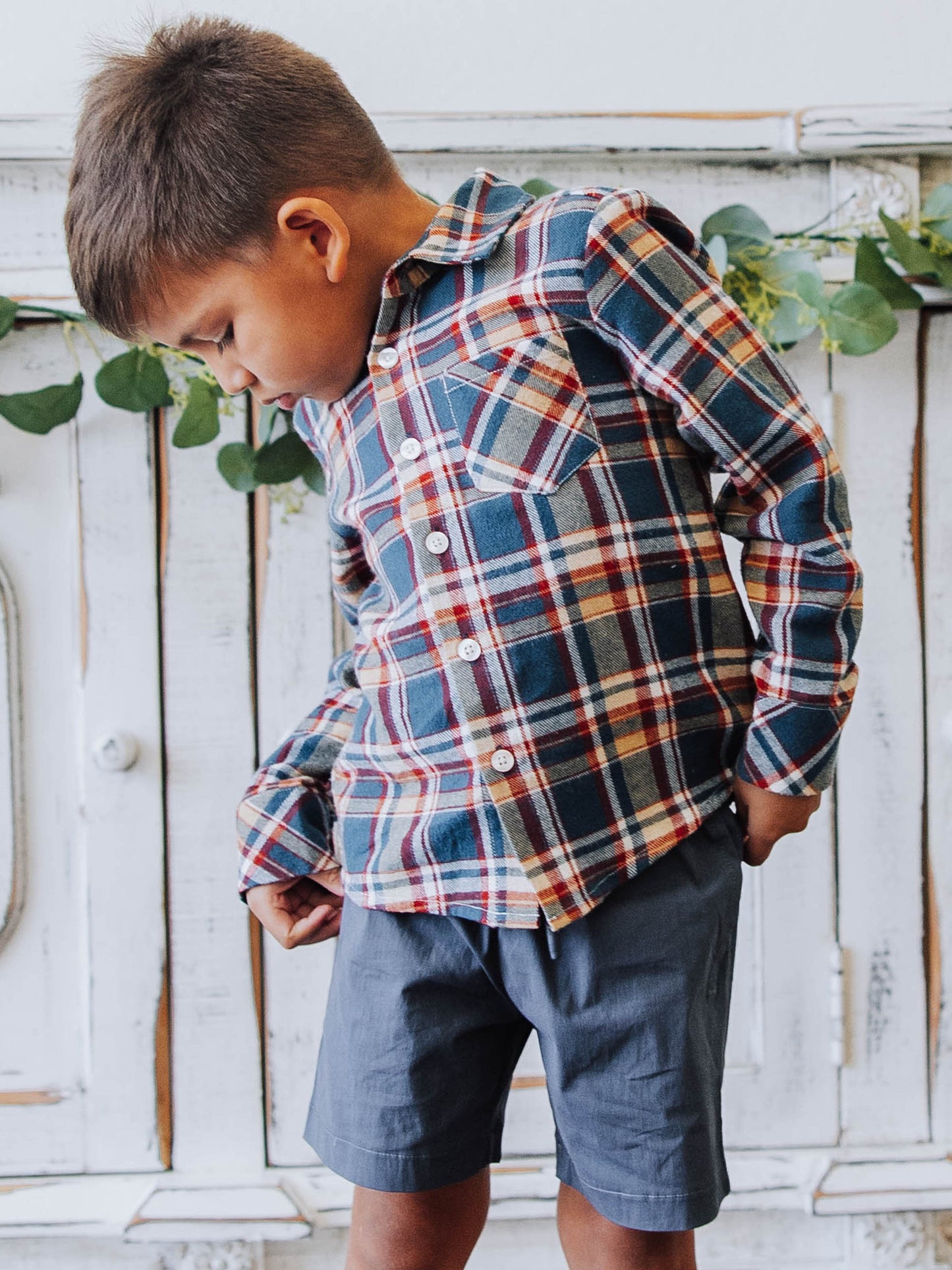 Button Up Shirt - Navy Golden Plaid