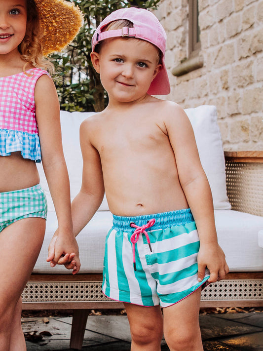 Boy's Swim Trunks - Sea Green Stripe