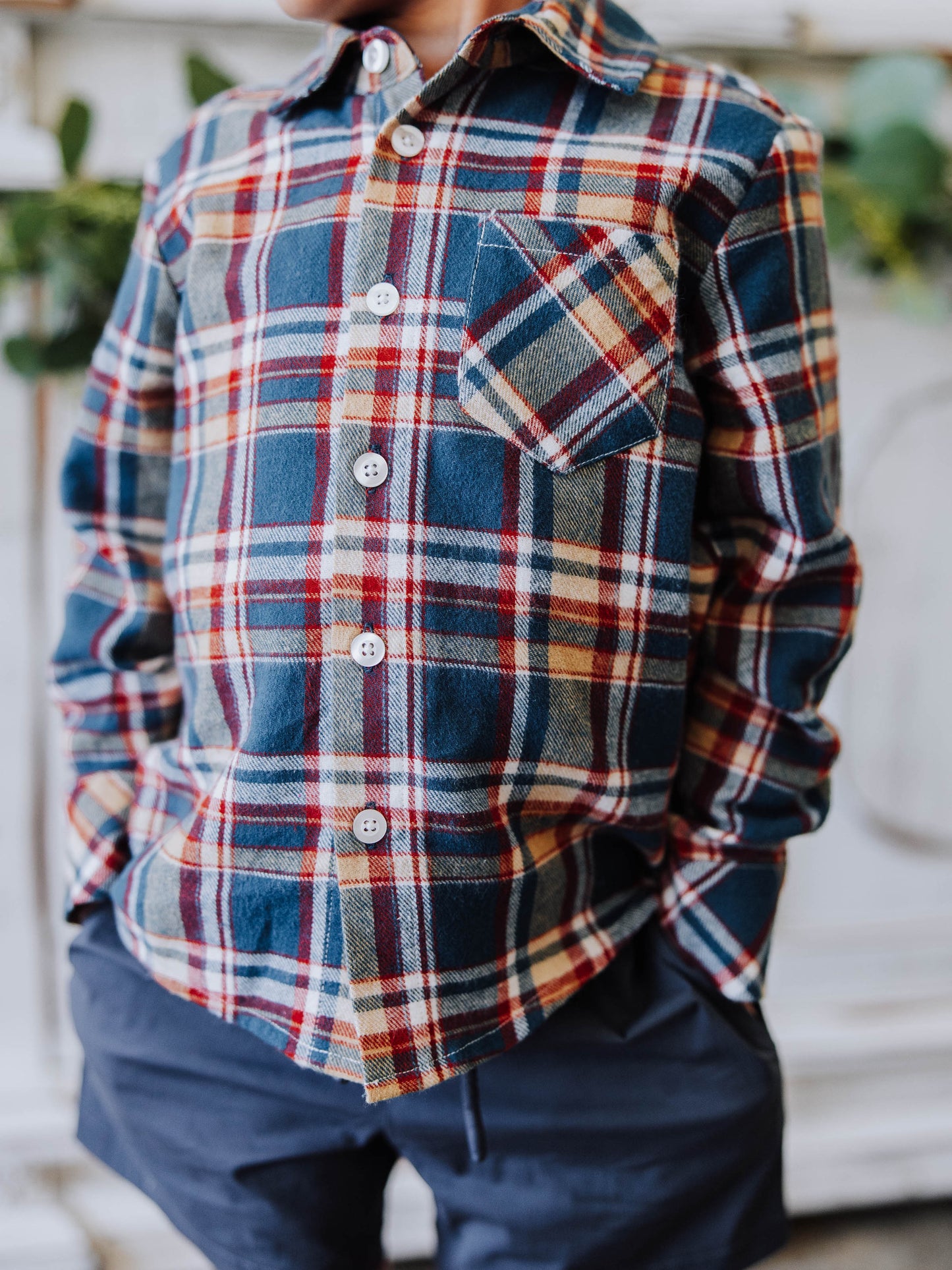 Button Up Shirt - Navy Golden Plaid