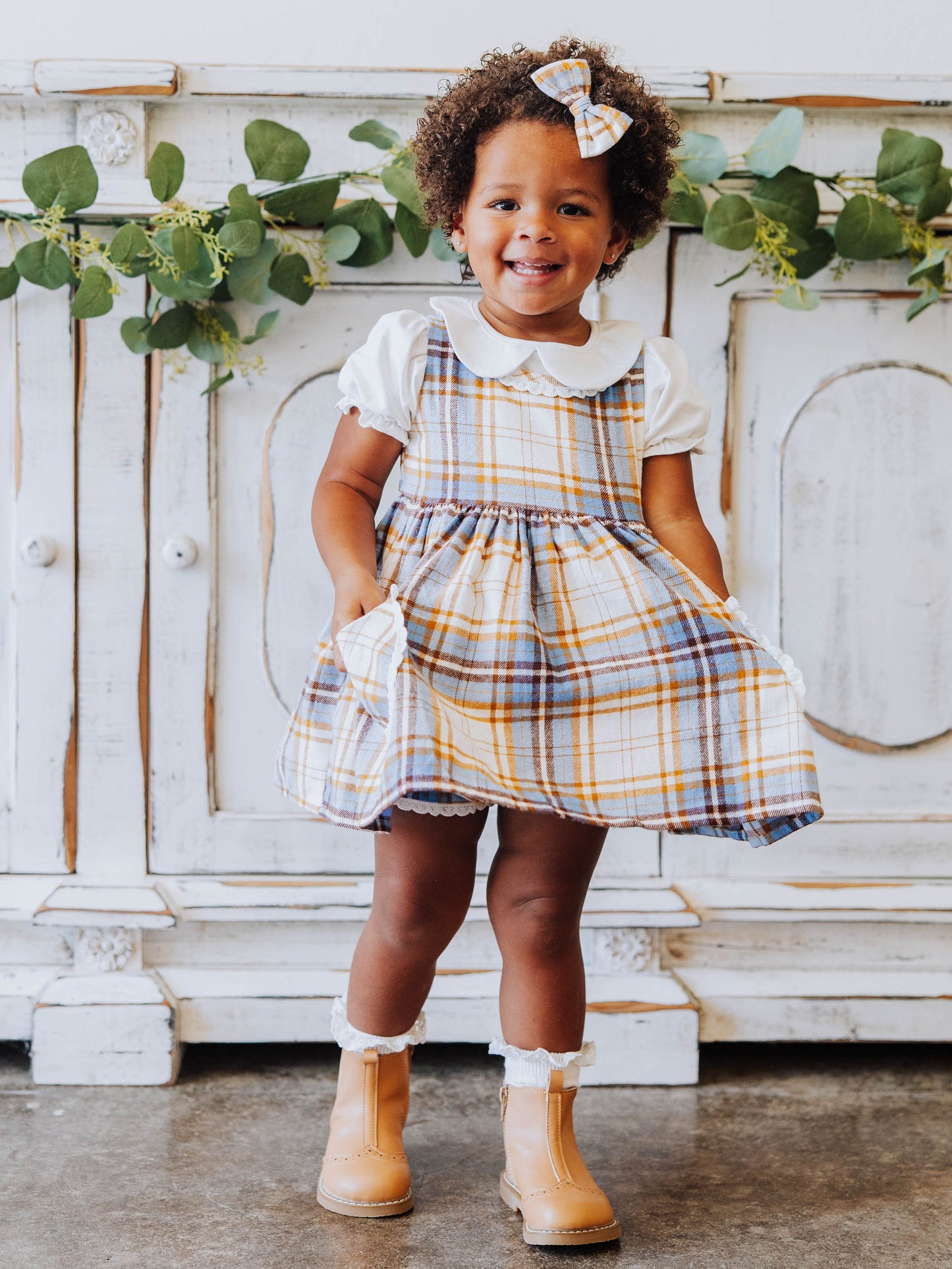 Ruffled Pocket Tunic Set - Blue Stone Plaid