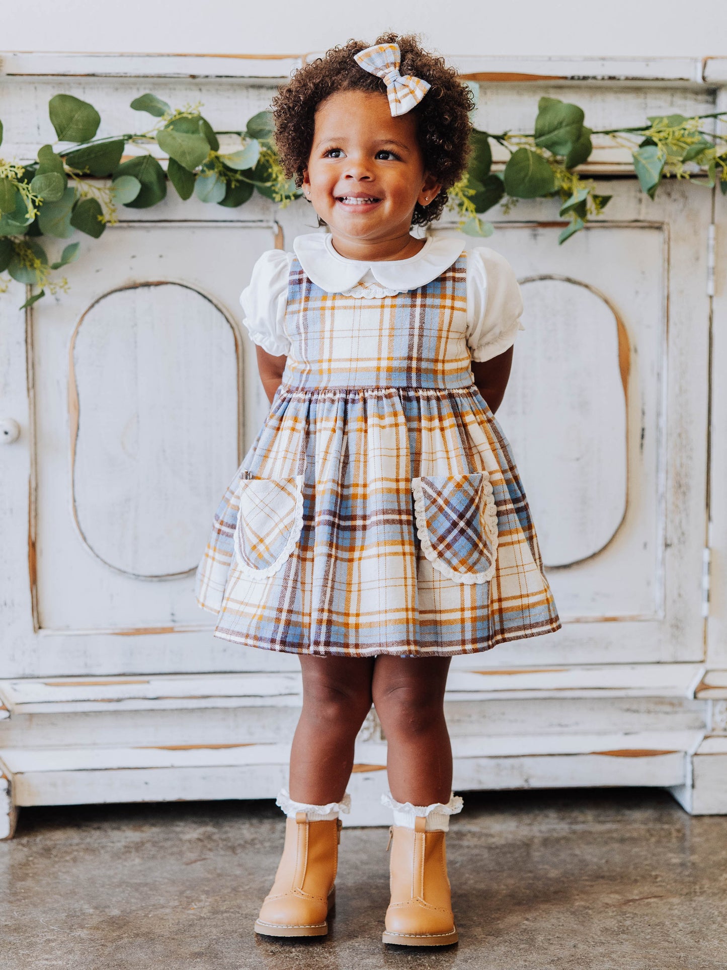 Ruffled Pocket Tunic Set - Blue Stone Plaid