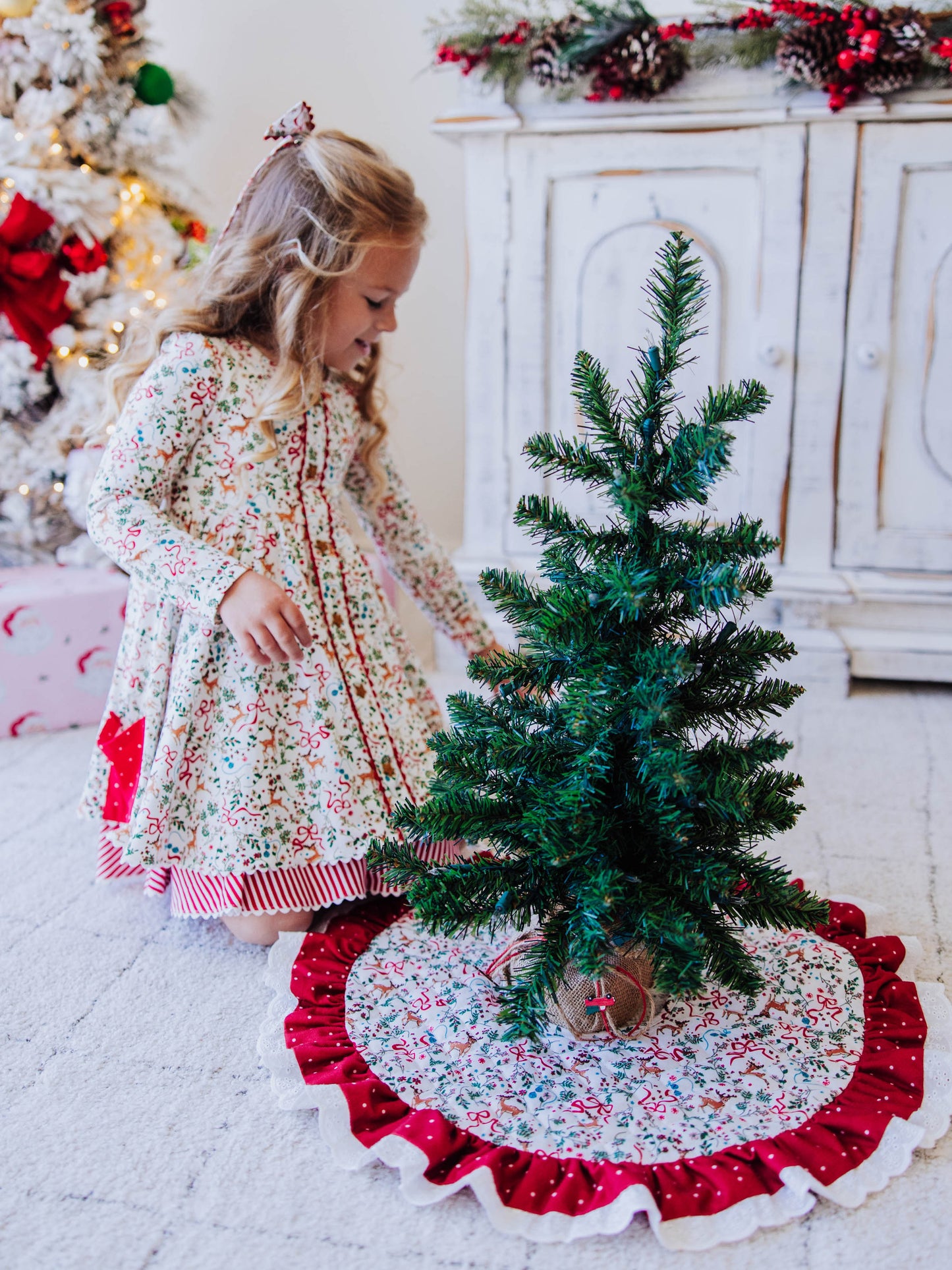 Quilted Ruffled Tree Skirt - Holly Jolly Reindeer