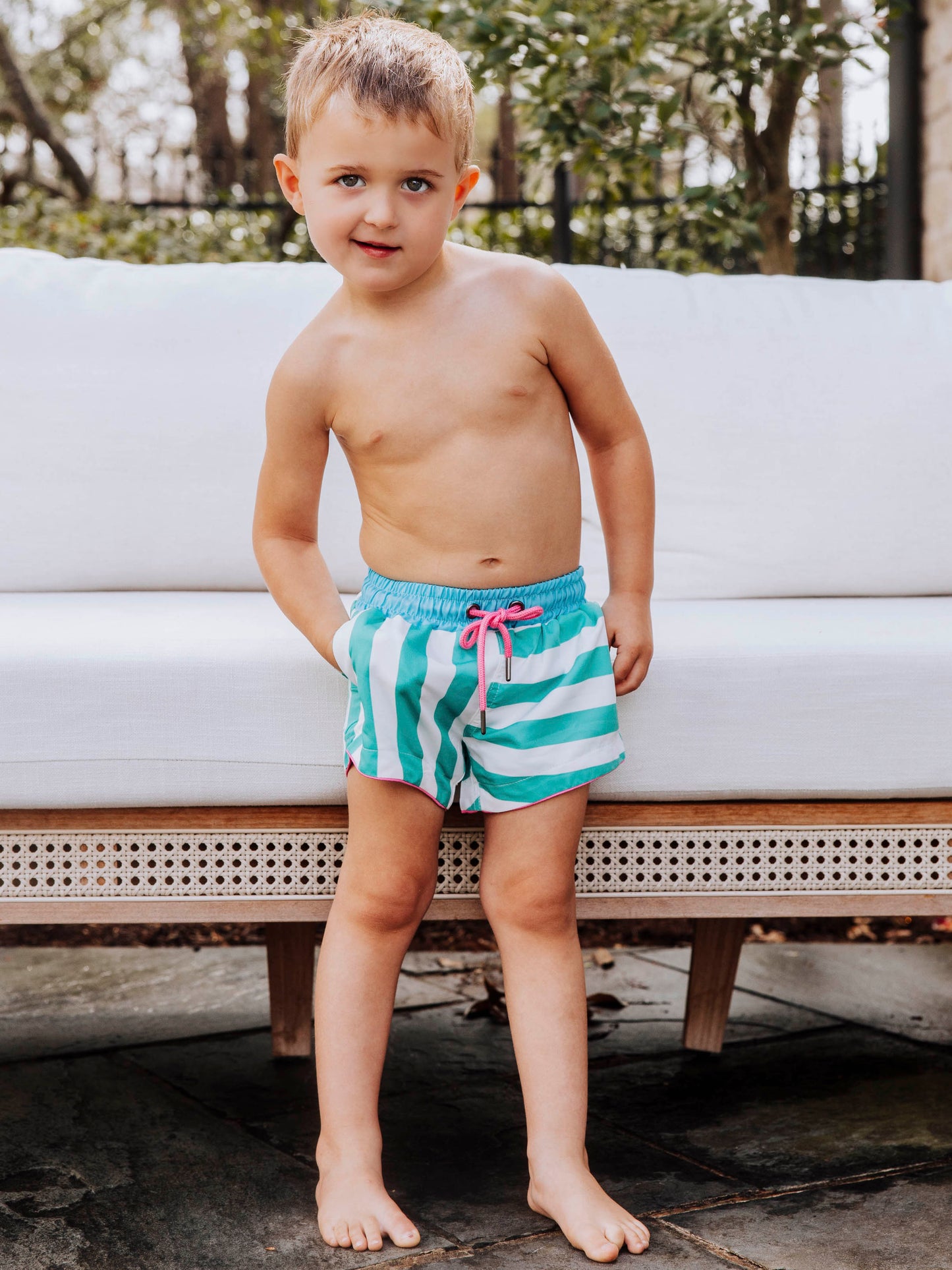 Boy's Swim Trunks - Sea Green Stripe