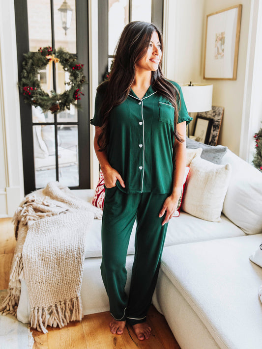 Women's Relaxed Pajama Set - Dark Emerald