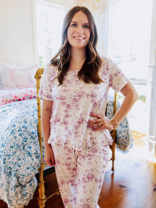 Women's Ruffled Pant Set - Falling Purple Petals