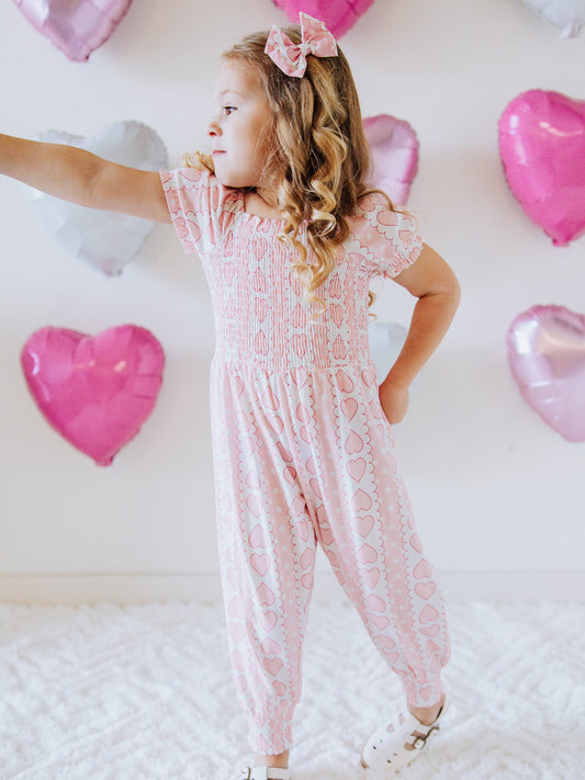 Smocked Romper - Mirrored Hearts