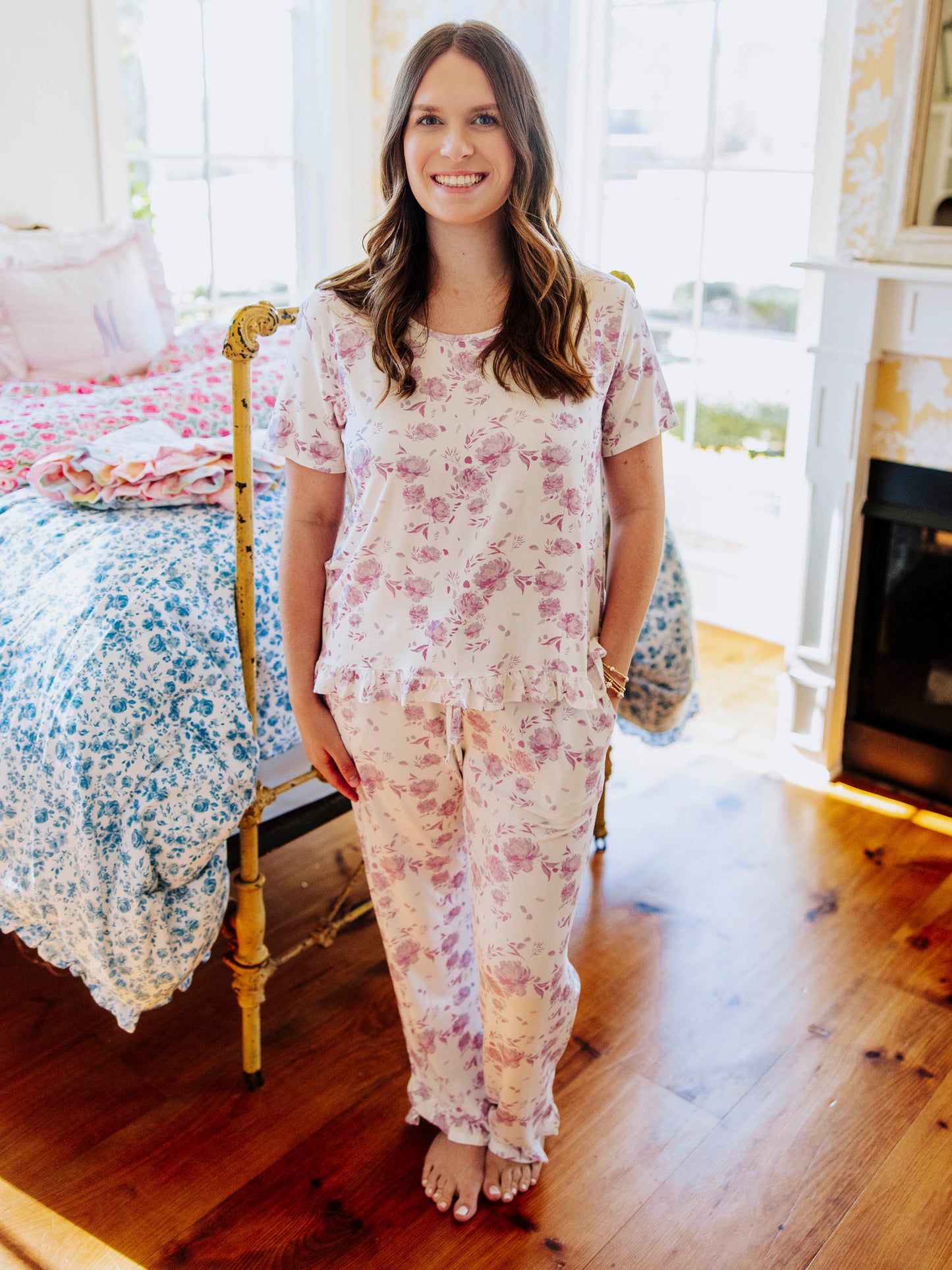 Women's Ruffled Pant Set - Falling Purple Petals