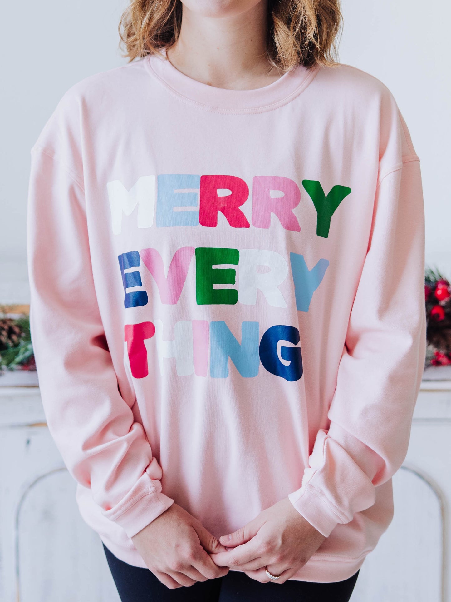 Women's Oversized Warm Knit Sweatshirt - Merry Everything on Pink