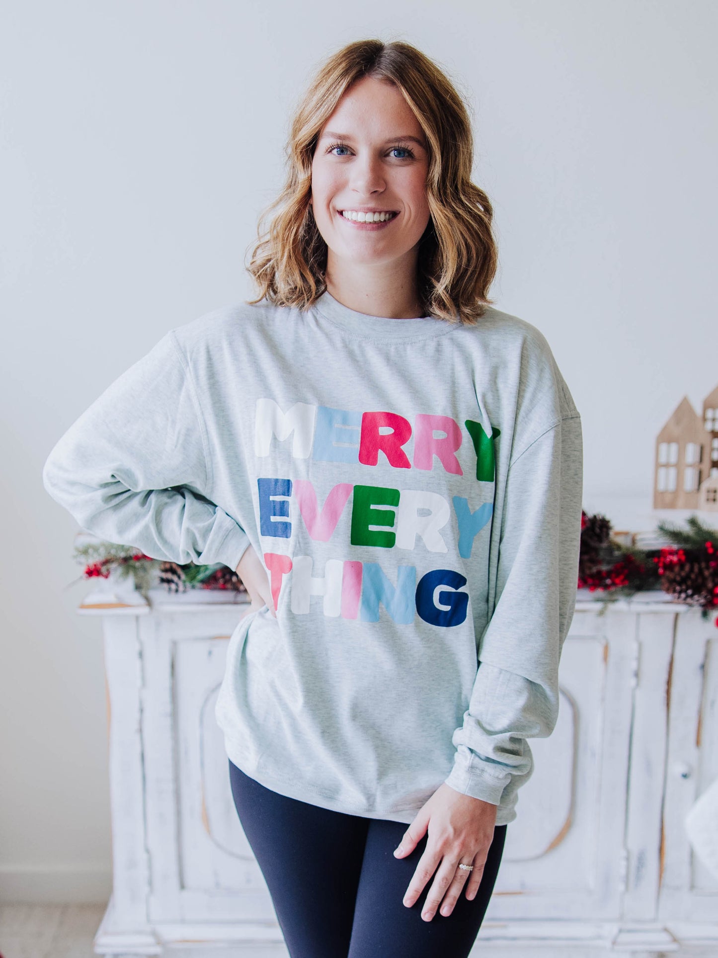 Women's Oversized Warm Knit Sweatshirt - Merry Everything on Gray