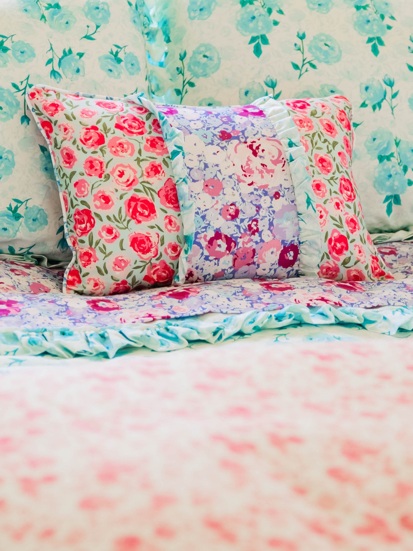 Boudoir Pillow Cover - Covered in Roses on Aqua