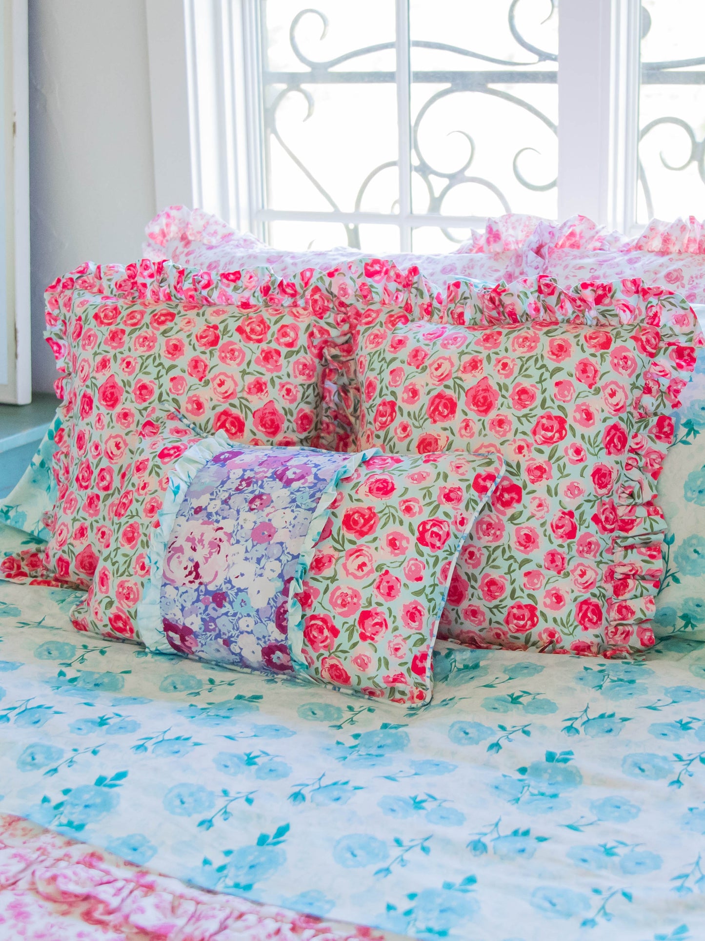 Boudoir Pillow Cover - Covered in Roses on Aqua