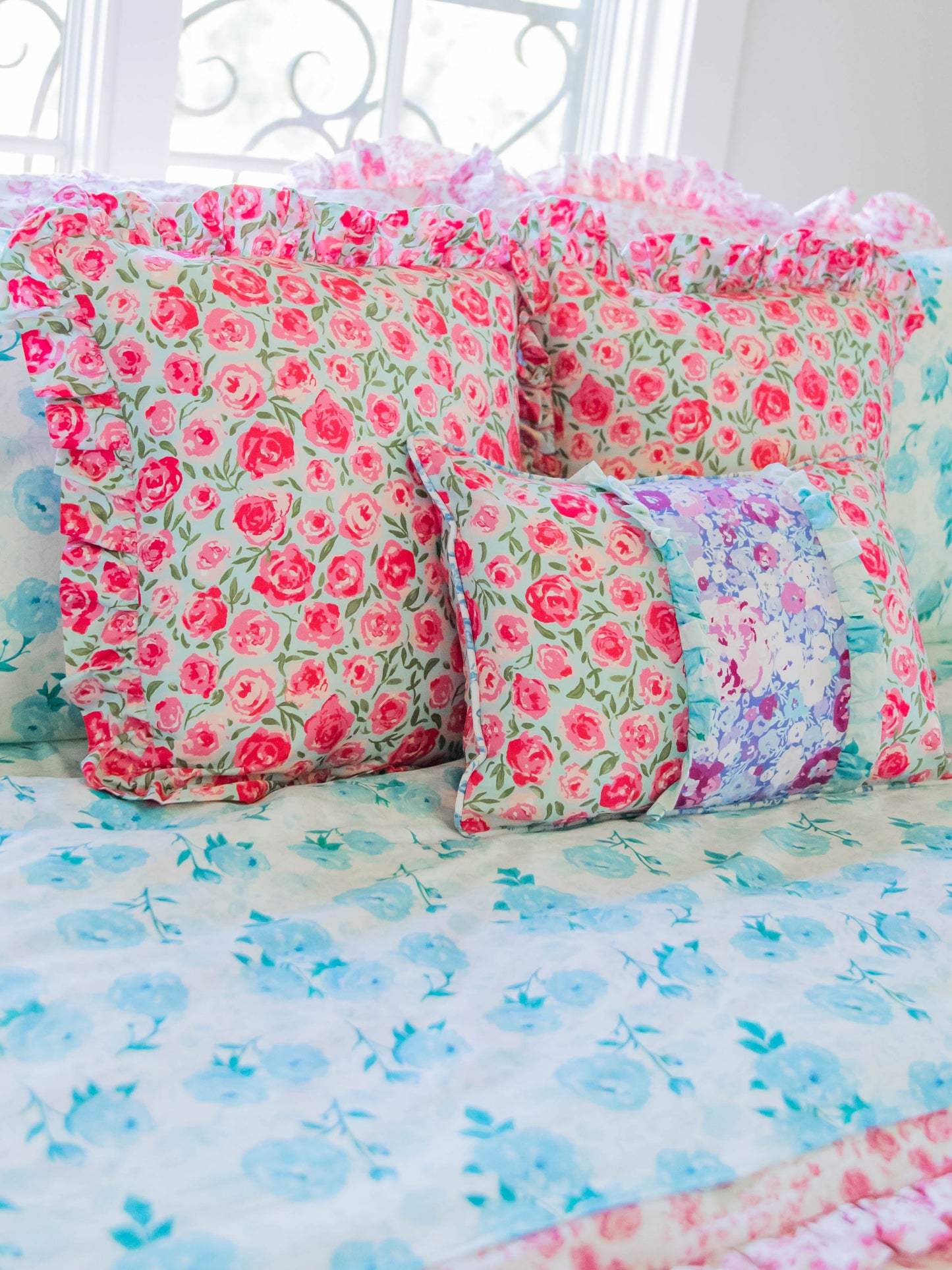 16 x 16 Pillow Cover - Covered in Roses on Aqua