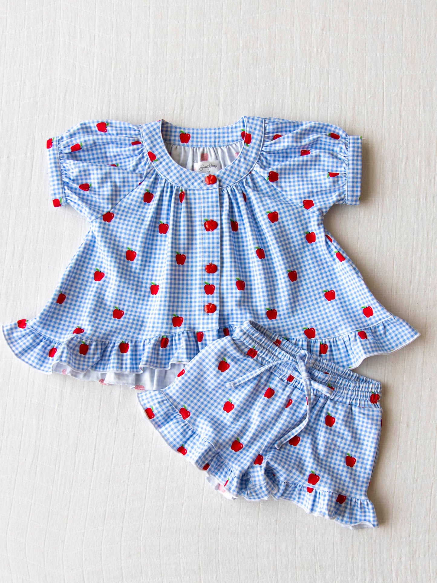 Flowy Ruffled Button Set - Apple Gingham Blue