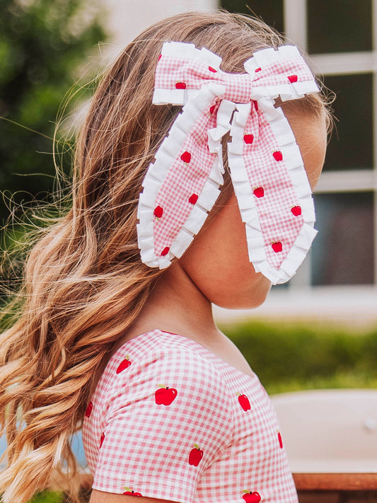 Small Long Tail Bow - Apple Gingham Pink