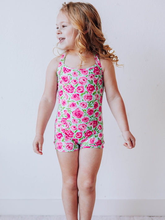 Strappy Leotard - Covered in Roses on Aqua