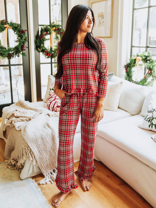 Women's Ruffled Pant Set - Merry Plaid