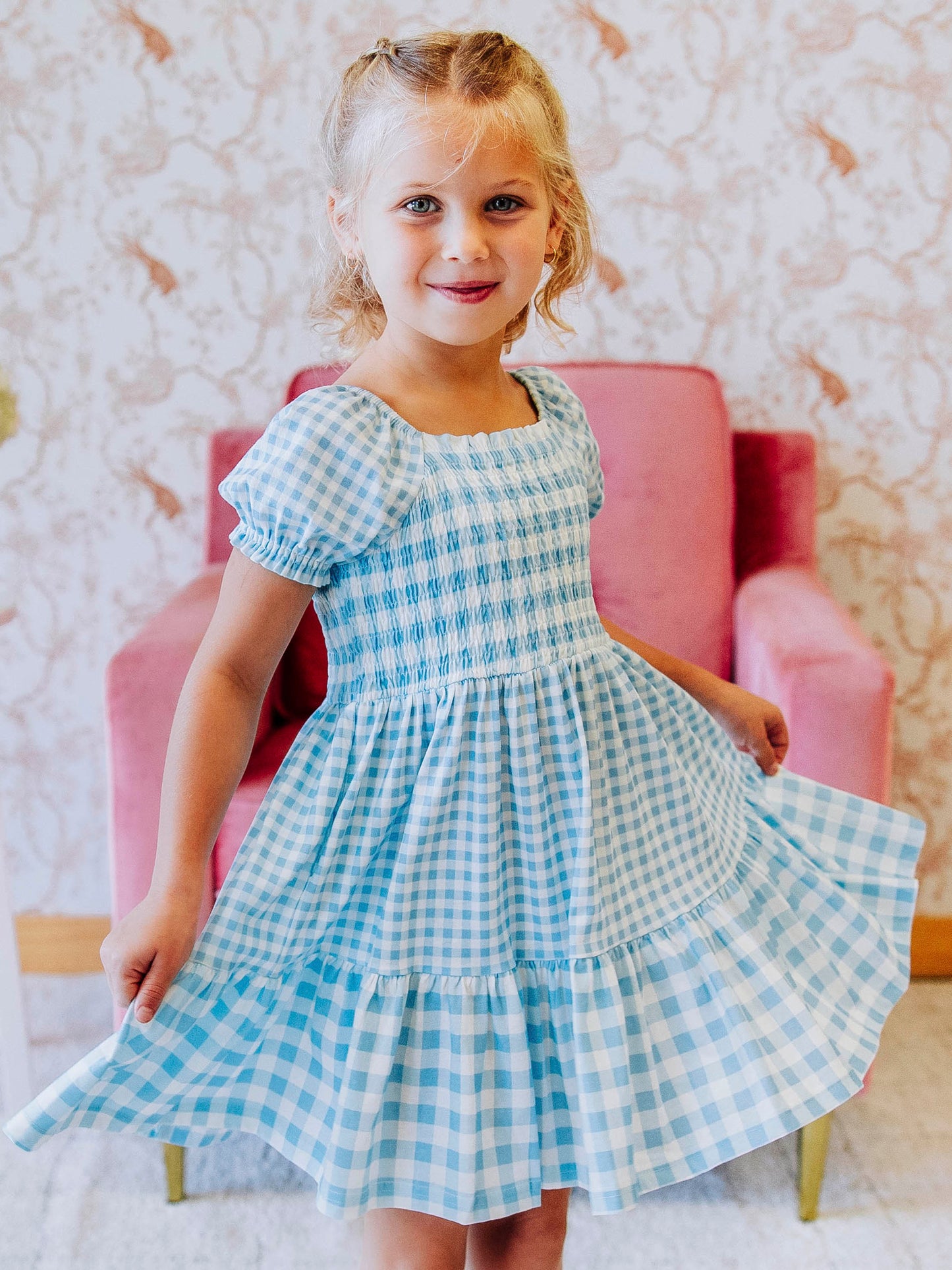 Puff Sleeve Dress - Blue Gingham