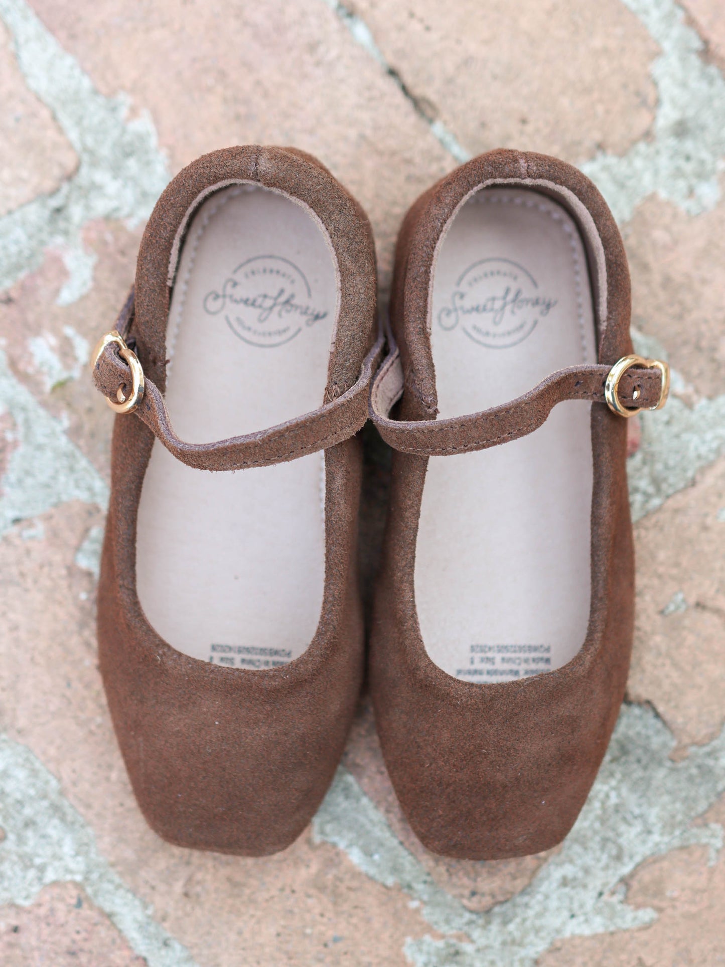A rich brown square toe ballet style Mary Jane with functional metal clasp and rubber soles. 