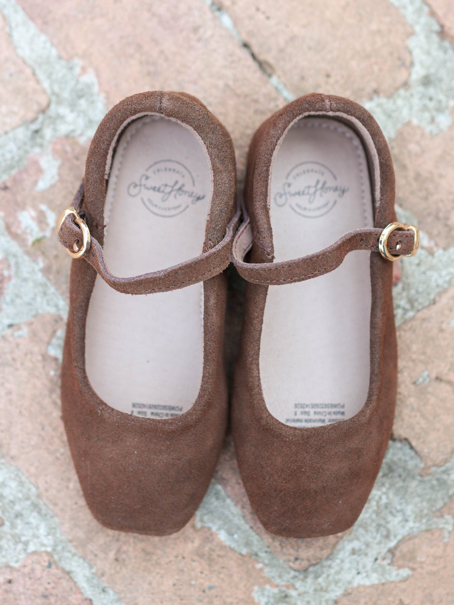 A rich brown square toe ballet style Mary Jane with functional metal clasp and rubber soles. 