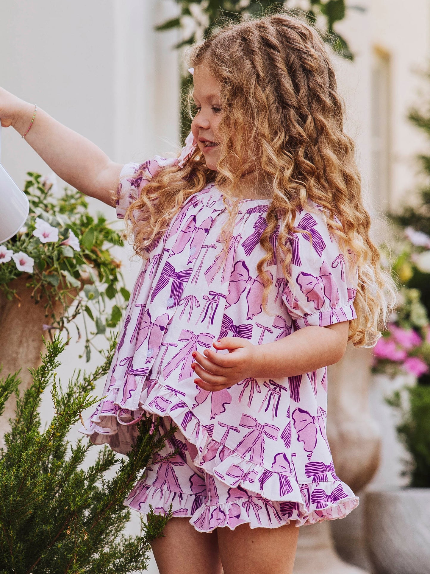Flowy Ruffled Button Set - Purple Bows