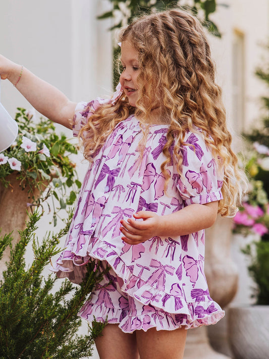 Flowy Ruffled Button Set - Purple Bows
