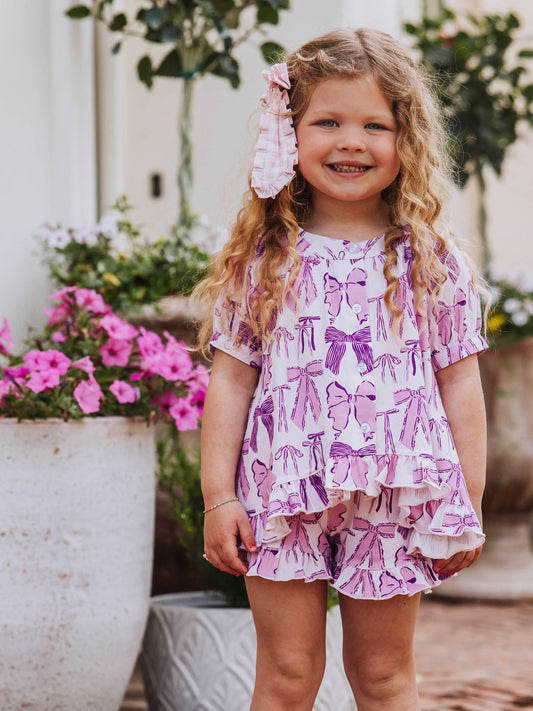 Flowy Ruffled Button Set - Purple Bows