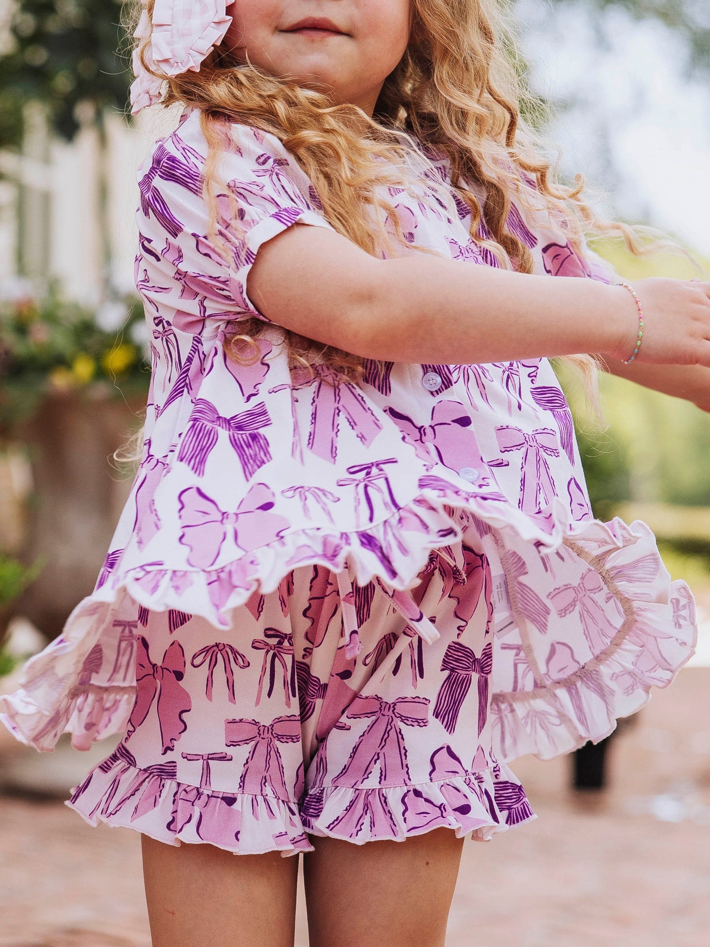 Flowy Ruffled Button Set - Purple Bows