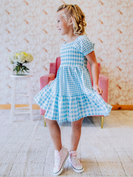 Puff Sleeve Dress - Blue Gingham